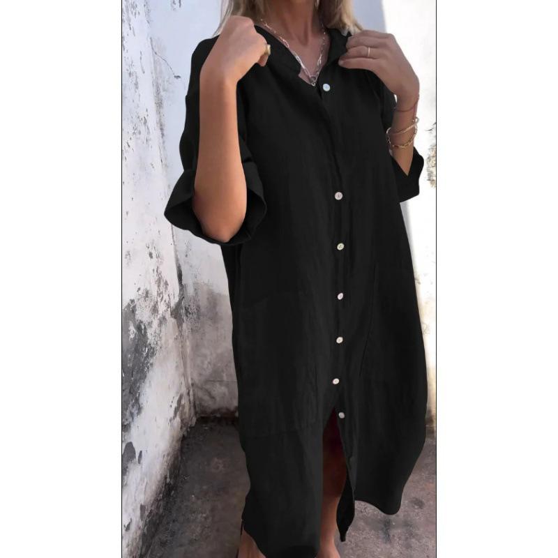 2026 Spring & Summer European-American Style Loose Cotton Linen Mid-Sleeve Shirt Dress for Women