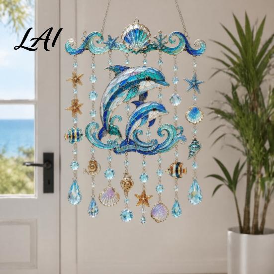 Balcony Hanging Decor Ocean-Themed Wind Chime Decoration Animal Sun Catcher with Faux Crystal Drops Tropical Fish Garden Decoration Stained