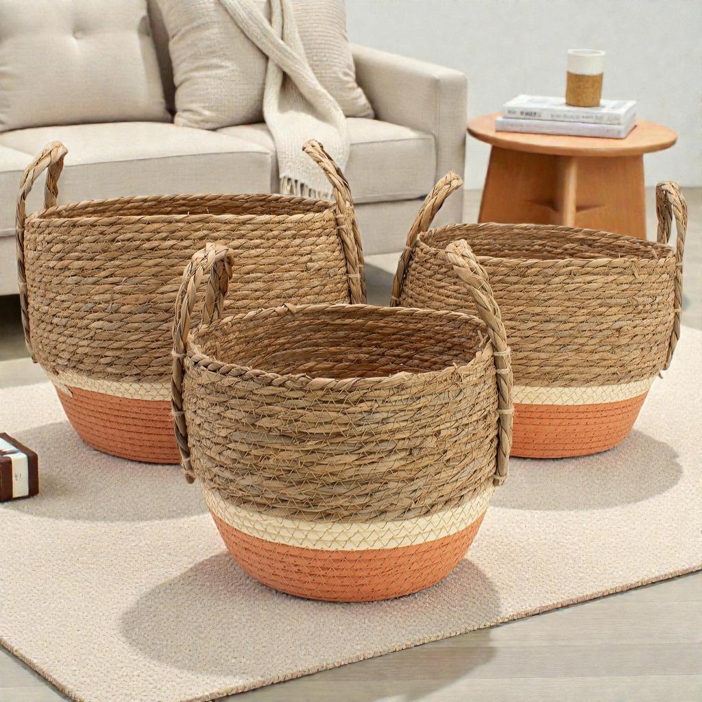 Straw & Seagrass Large Baskets – Natural & Orange- Set of 3