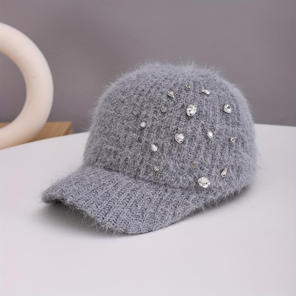 Women's Luxury Furry Hat with Artificial Jade Long Plush Yarn & Rhinestone-Adorned Wide Brim, Adjustable Non-Stretch Fit, Hand Washable Winter Cap