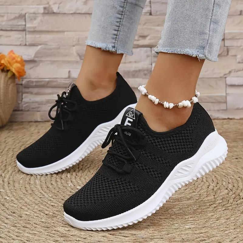Womens Breathable Knitted Thick Sole Sports Shoes Casual Laced Outdoor Shoes Comfortable Low Top Running Shoes