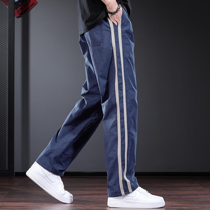 Gray Casual Pants Men's Summer Thin Loose Straight Pants New Striped High Street Trend Drawstring Pants