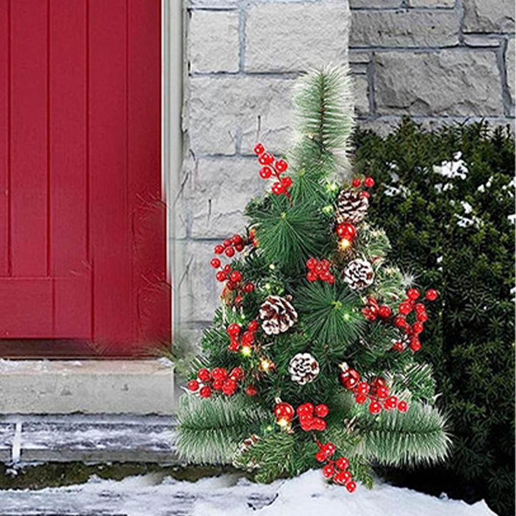 LED Christmas Tree 23.6 Inch With Stake Red Berry Pine Cone Holiday Decor Fake Christmas Tree Yard Garden Patio Entryway Pathway