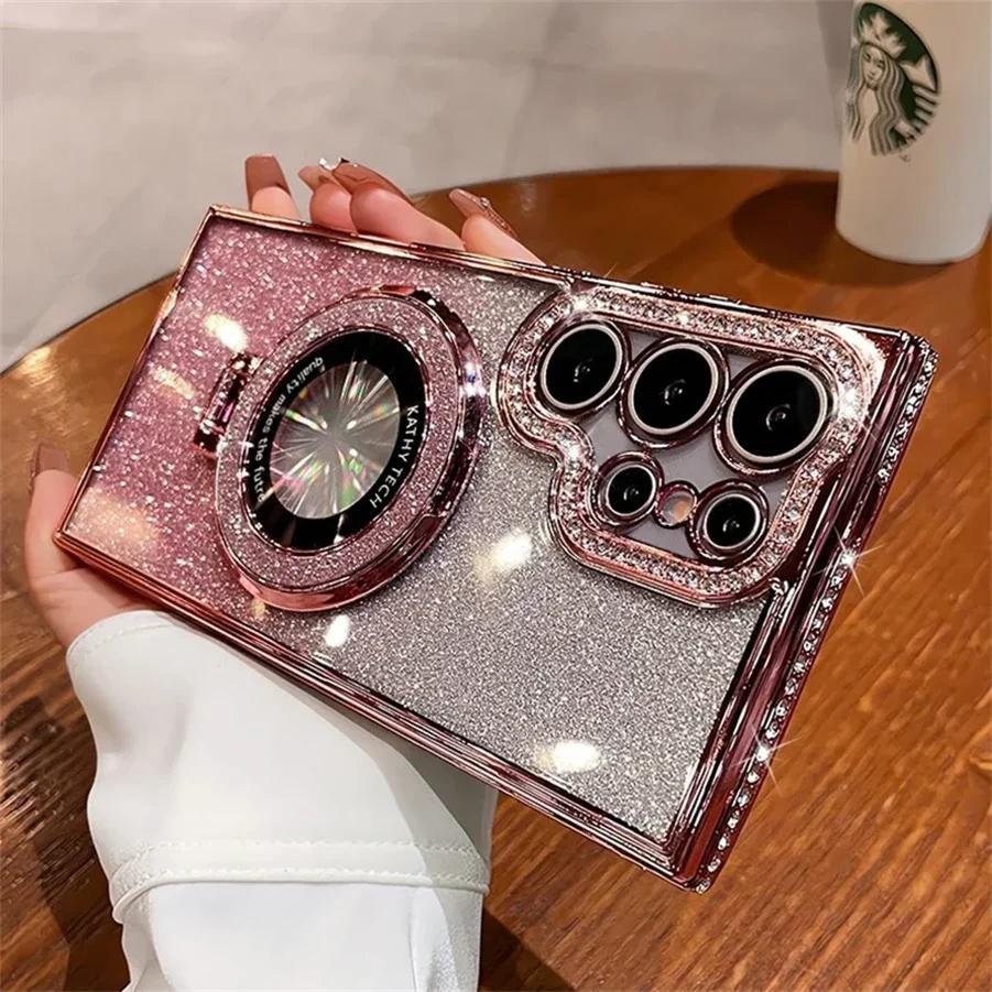 Glitter Diamond for Magsafe Bracket Case for Samsung Galaxy S25 S24 Ultra S23 S22 Plus A55 A35 A25 A24 A15 A16 Stand Bling Cover