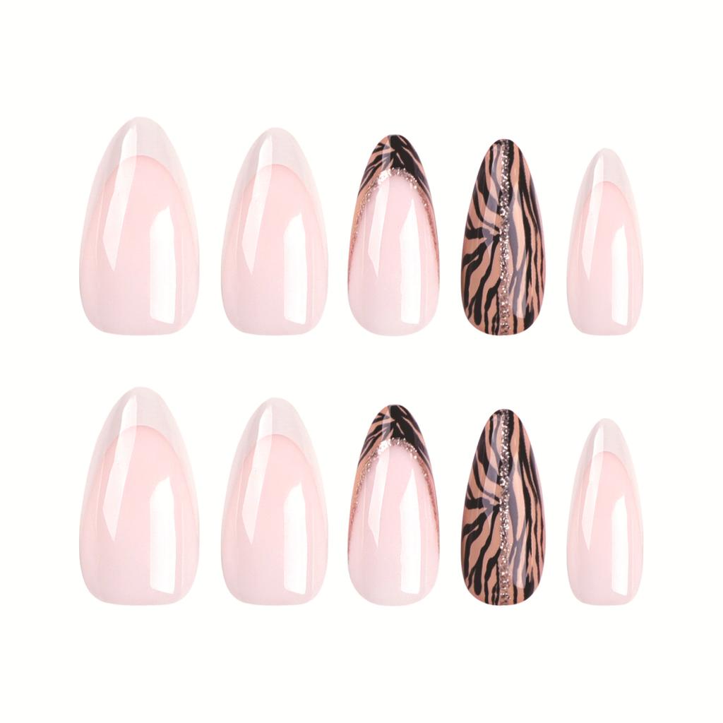 24 Pieces Nude French White Edge Manicure Piece Simple Zebra Pattern Nail Short Almond Nail Piece