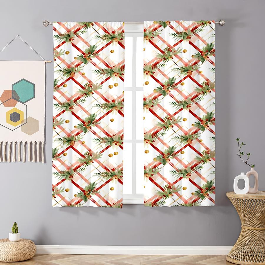 2pcs Watercolor Christmas Plaid Curtains  Holly Berry Design  for Holiday Window Decor Home   Accent Rod Pocket.
