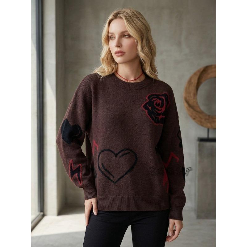 Women Loose Knit Long Sleeve Heart Jacquard Crew Neck Sweater