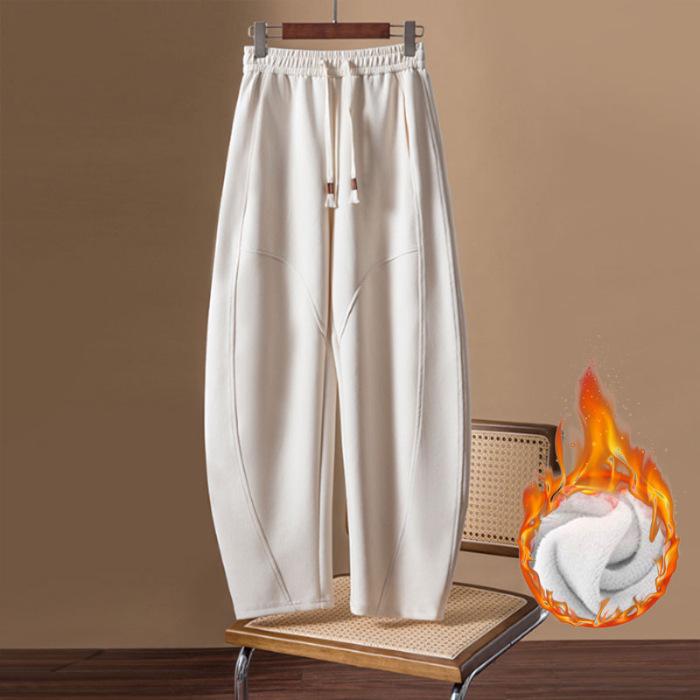 2024 Women's Korean Wide-Leg High-Waist Velvet Pants - Autumn/Winter Collection with Drawstring and Loose Fit.