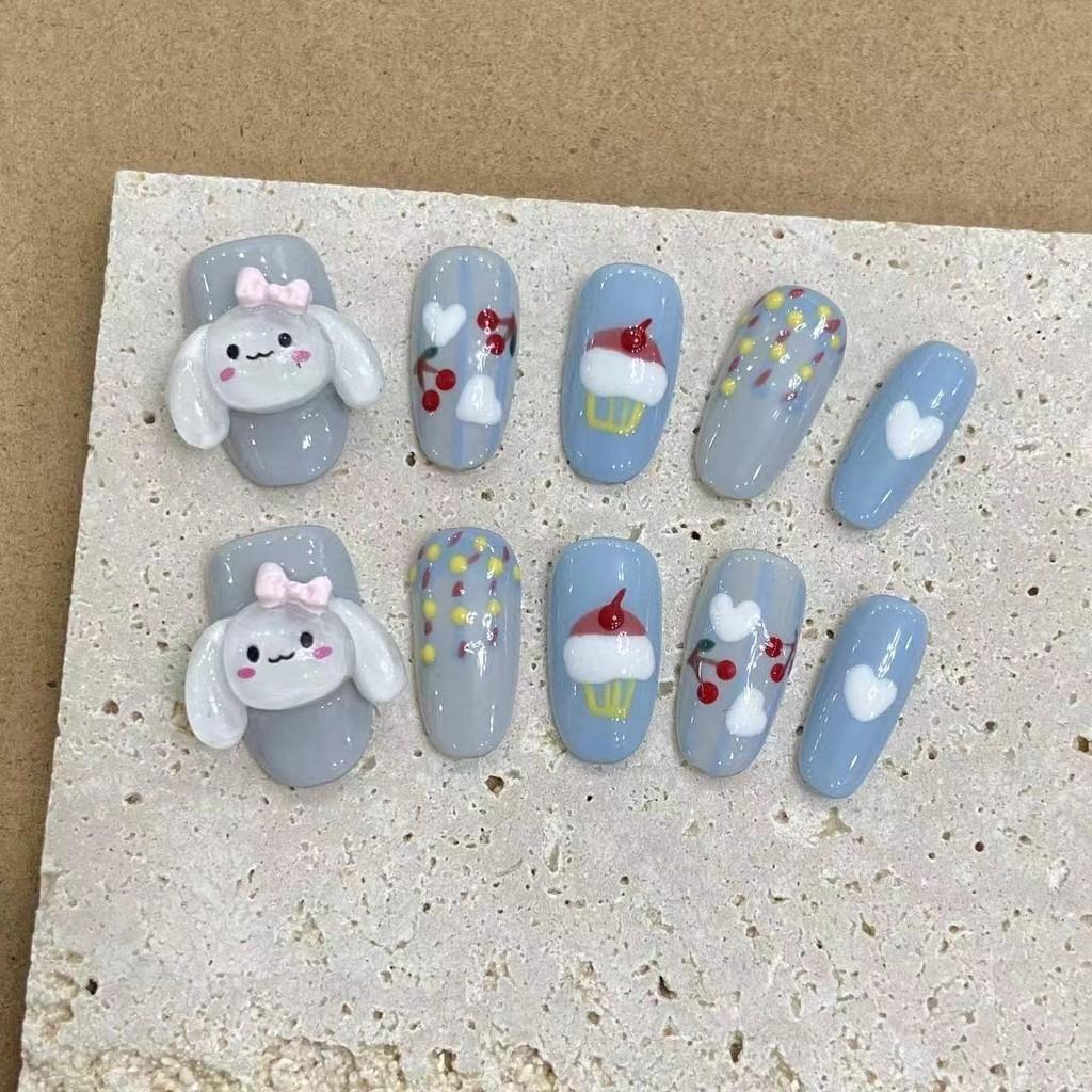 

HANDMADE Artificial Nail White Cinnamoroll Cute Doodle Fake Nail Set With Glue Reusable and Removable Press on nails