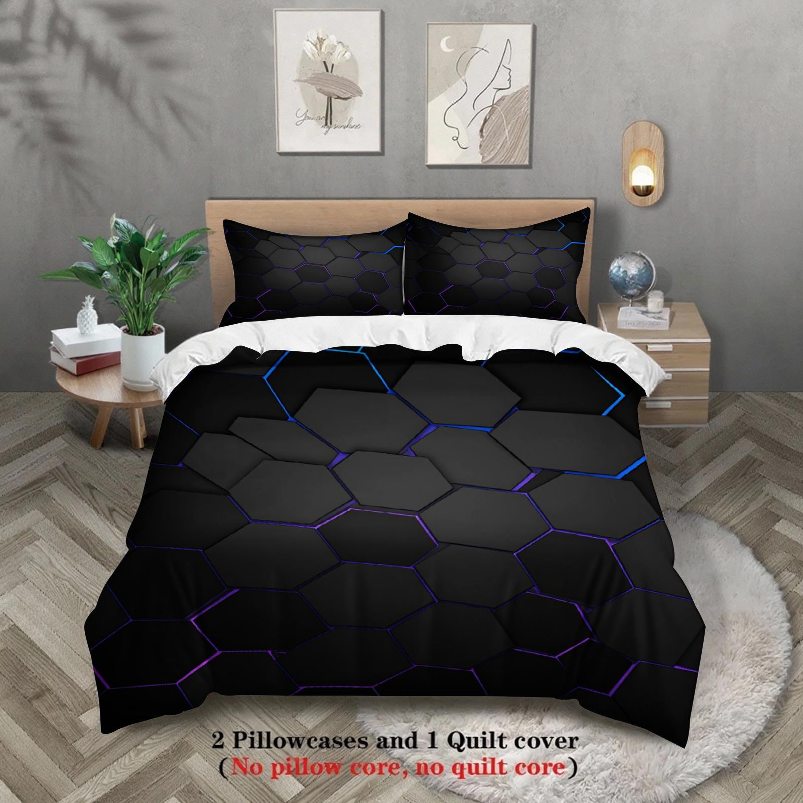 Grosstor Unisex Black/Blue 3Pcs Geometric Hexagon Bedding Sets 3D Printed And Pattern Duvet Cover Sets With Pillowcases No Filling Cool Visual