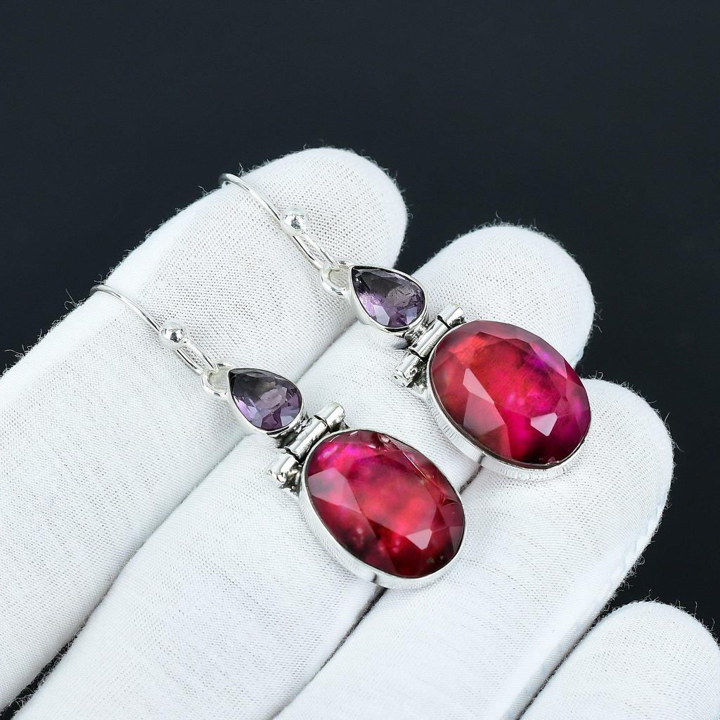 Ammolite & Amethyst Gemstone Earrings, 925 Sterling Silver Earrings Unique Style Earrings, Dangle Drop Earrings For Anniversary Gifts