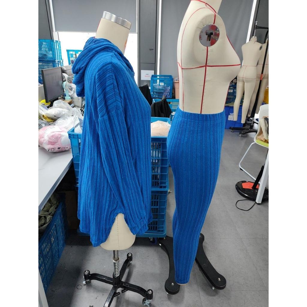 Fall Winter Women's Ribbed Knit Loose Hooded Long Sleeve Top + Pants Matching Set Casual Outfit