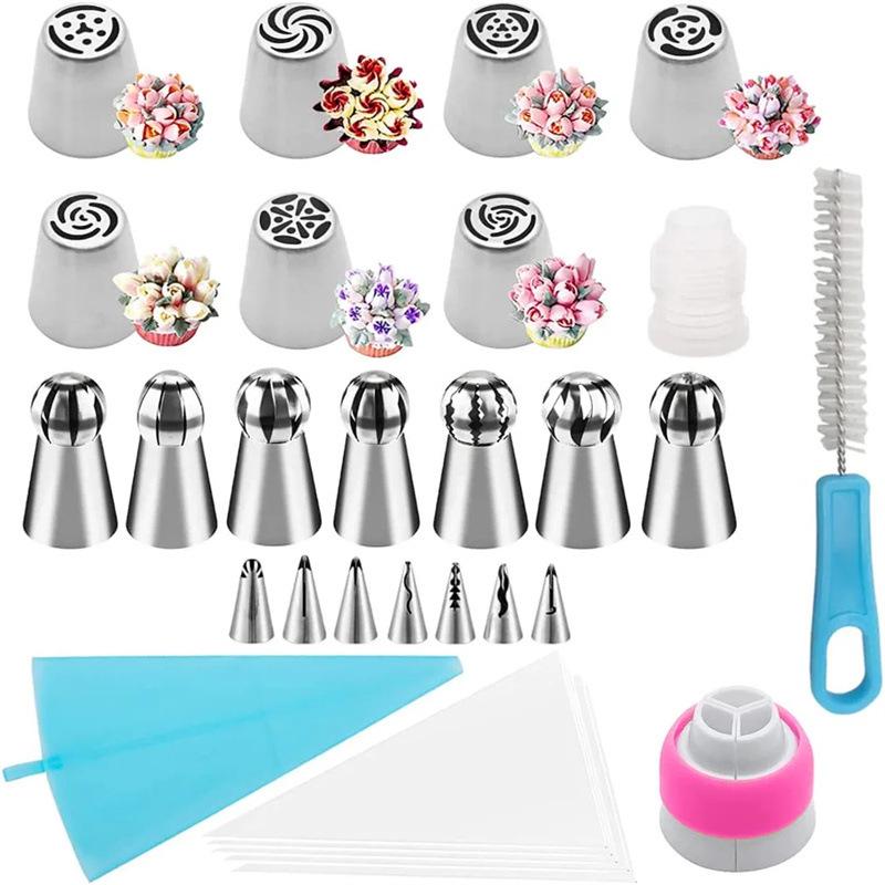 27-Piece Russian Piping Tip Set with Icing Nozzles & Cake Decorating Bags