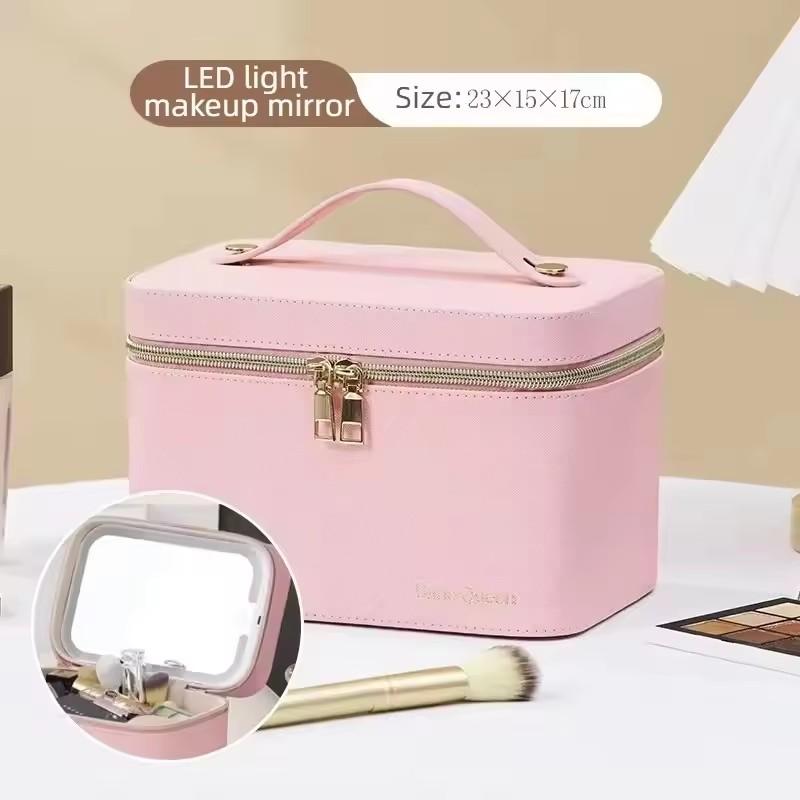Travel PU Makeup Bag With Led Mirror Portable Cosmetic Case With Mirror And Light Travel Rechargeable Makeup Bag With Led Light