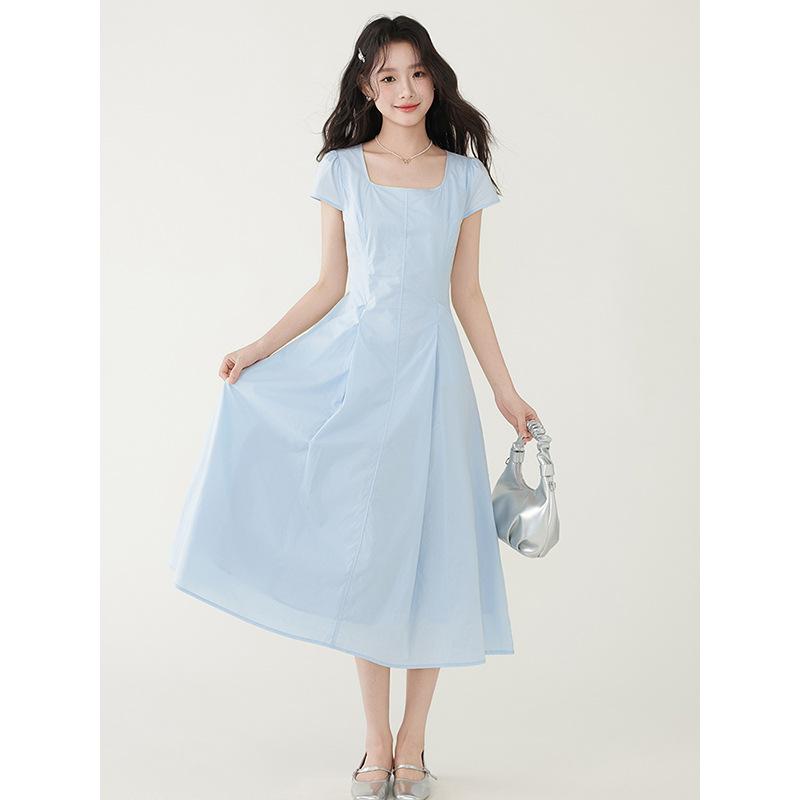 

Летний темперамент однотонный квадратный вырез талия нежный и красивый маленькая юбка платье с коротким рукавом L небесно-голубой