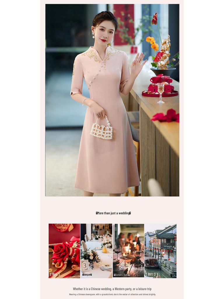 2025 Spring Elegant Pink Cheongsam Dress for Mother-in-Law's Wedding