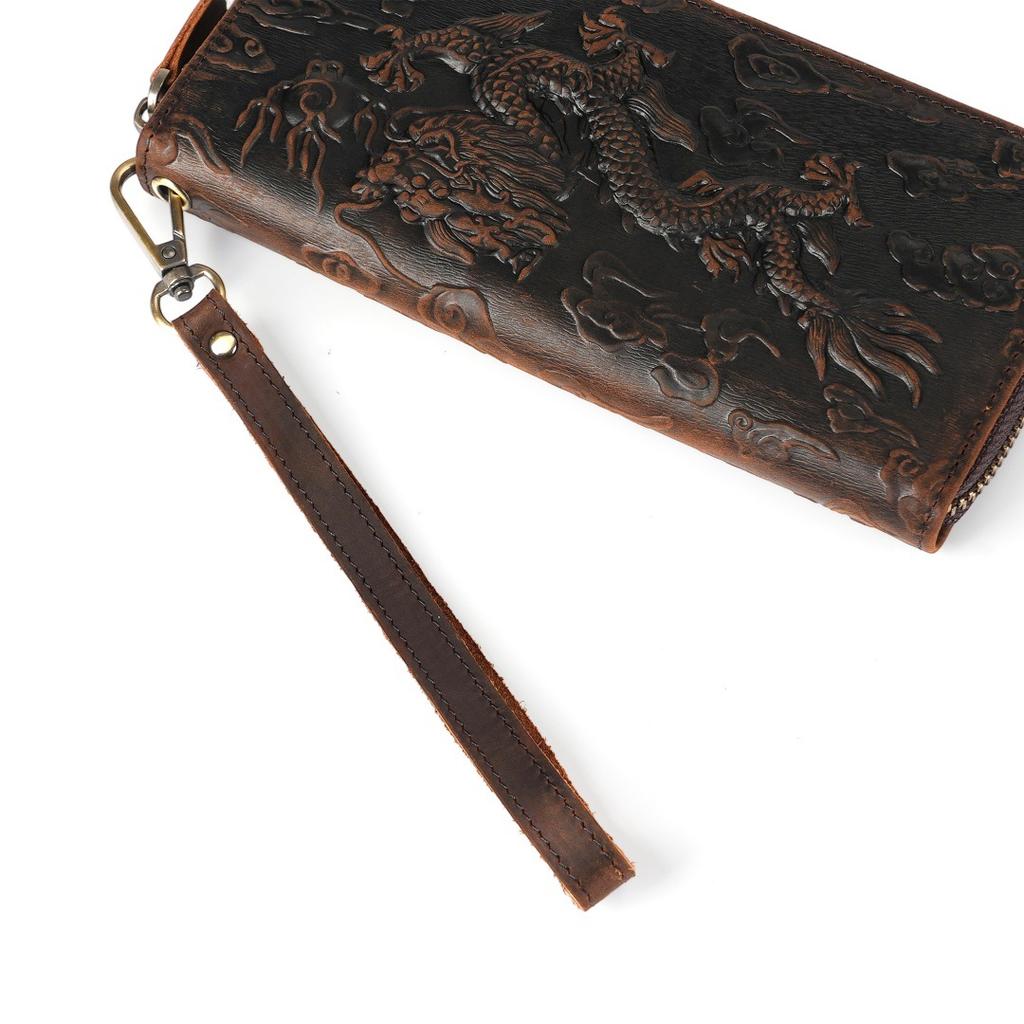 New Men's Genuine Cowhide Clutch Wallet Vintage Embossed Multi-Card Slots Wrist Strap Ready Stock Luxury Long Wallet