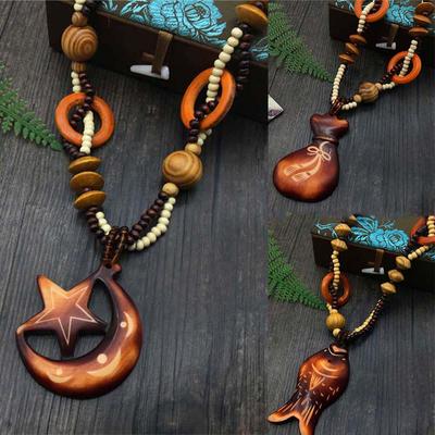 Ornament Landschaftspunkt Lange Halskette Seaside Play Halskette Holzkugel Baumwolle Leinen Wind