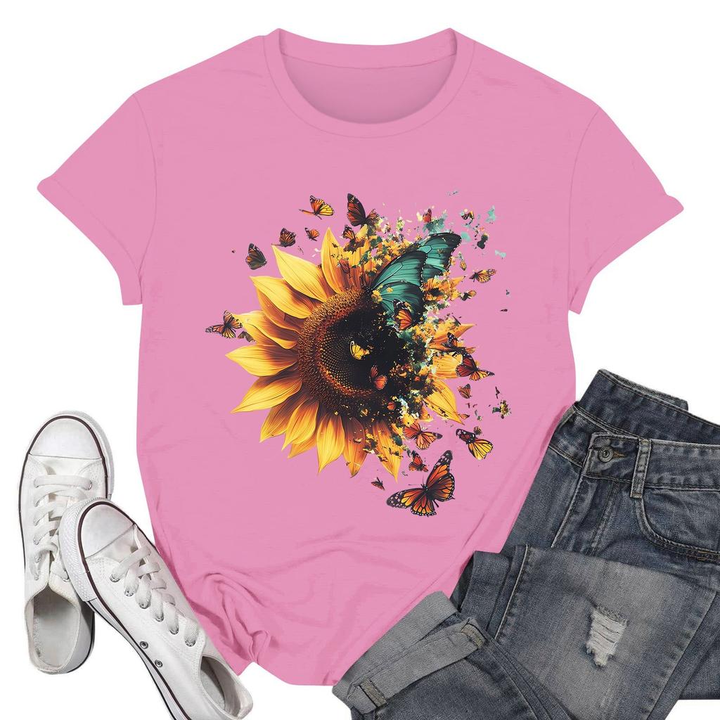 Women's Fashion Casual Printed Short Sleeve Round Neck Pullover Tops