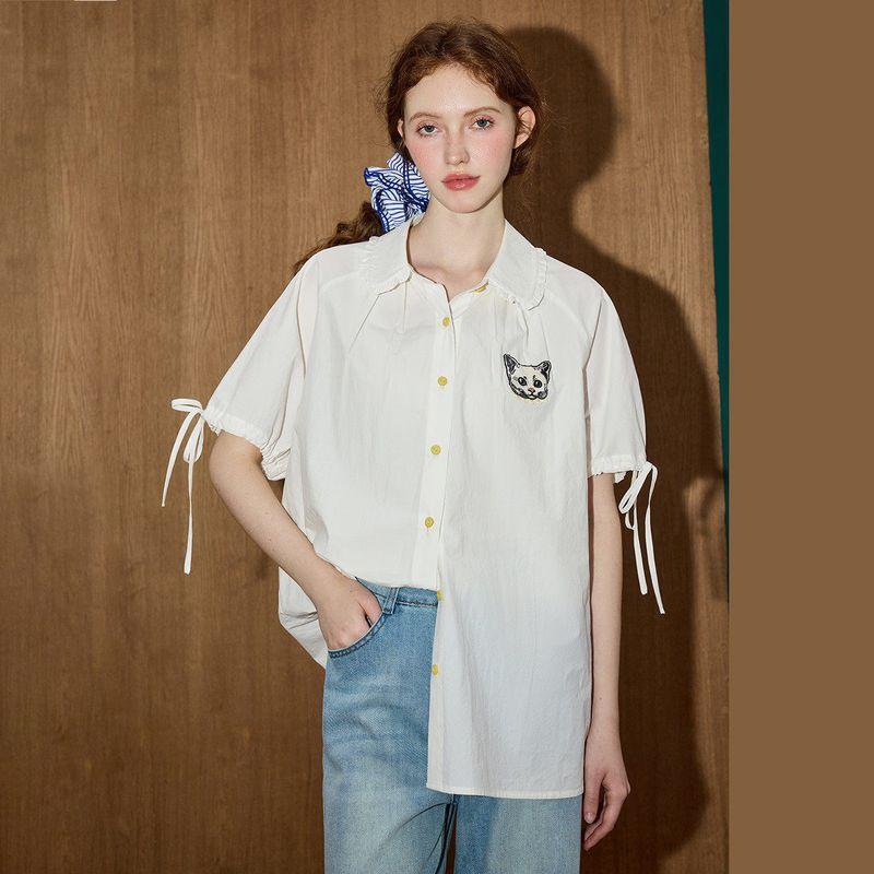 Coolhut Japanese Style Doll Collar Loose Puff Sleeve Embroidered Cuff Shirt Women's 2025 Summer Short-Sleeved Shirt