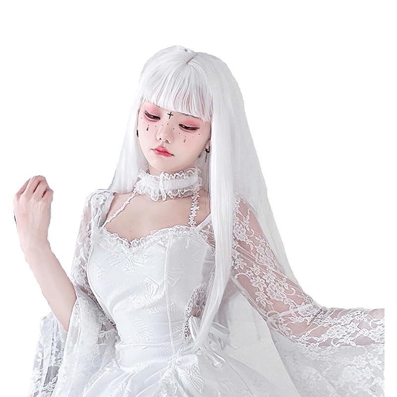 

[Cicogna] wig gray hair white wig white straight long 70cm full wig With net silvery white bangs bangs cosplay halloween disguise ladies woman women s