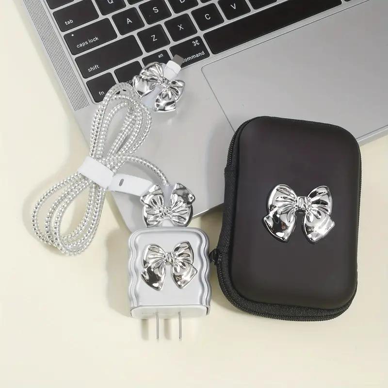 Luxury 3D Cute Silver Bowknot + EVA Storage Bag Set Charger Cover For IPhone 11 12 13 14 18W-20W Charge Correa Protection Sleeve