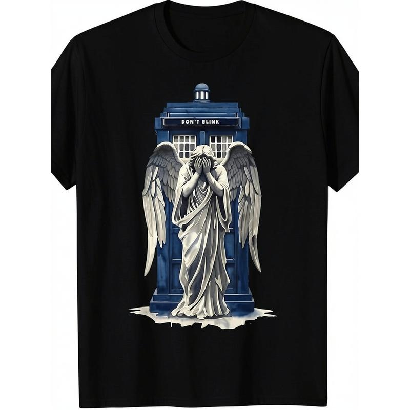 A T-Shirt Showcasing a Crying Angel And a Blue Police Box, Ideal for Fans, Everyday Use, And Science Fiction Lovers