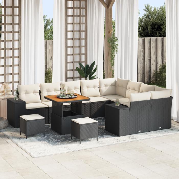Ensemble de Canapé de Jardin de 12 Pièces avec Coussins Noir Rotin Poly Acacia, Ensemble de Salle à Manger de Jardin 3 3363990