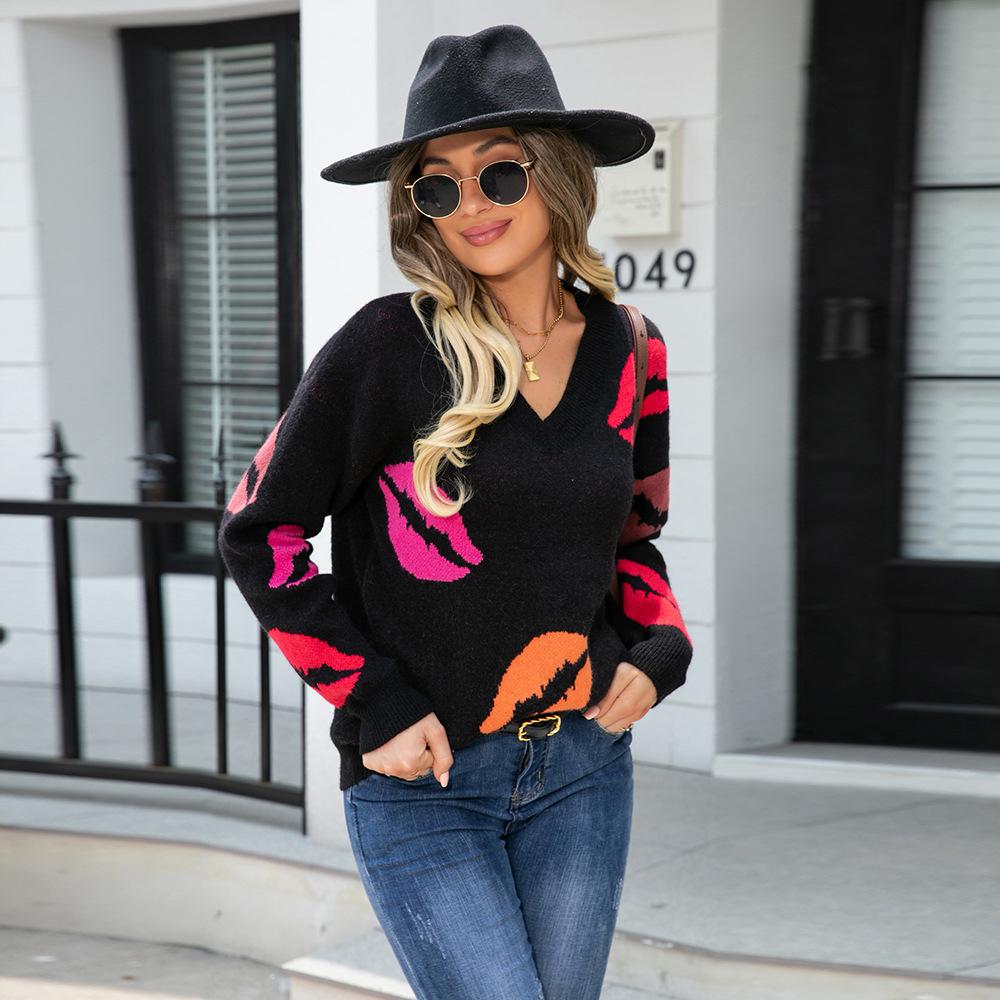 Damski jesienno-zimowy sweter z dzianiny z dekoltem w serek, casualowy pulower