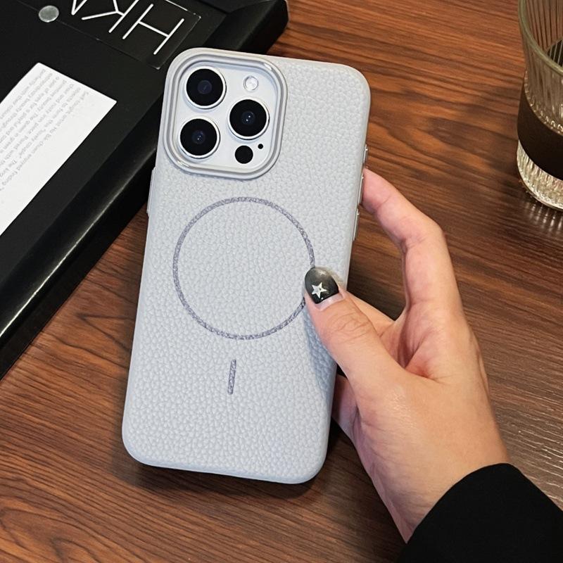 Applicable To Apple 16PRO Lychee Pattern TPU Mobile Phone Case Thin Circle Magnetic Leather IPhone 15 Matte Protection Case