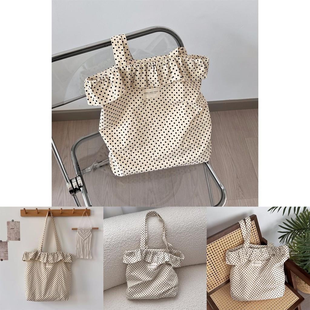 Stylish Korean Ins Polka Dot Lace Canvas Tote Bag For Women With Large Capacity Beige