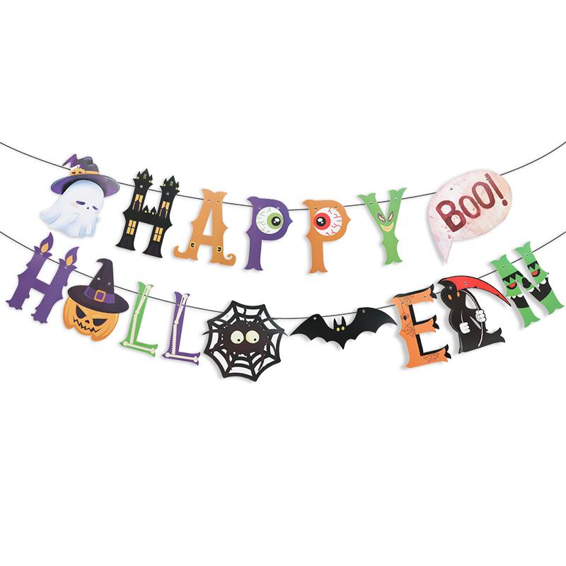 Black Bat Happy Halloween Paper Banner Hanging Garland 2025 Halloween Party Home Decoration Supplies Pumpkin Ghost Flag Props