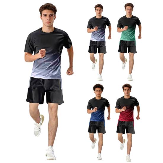 2Pcs/Set Men Summer Sportswear Crew Sleeve T-shirt Elastic Neck Short Waist Wide Leg Shorts Set Quick