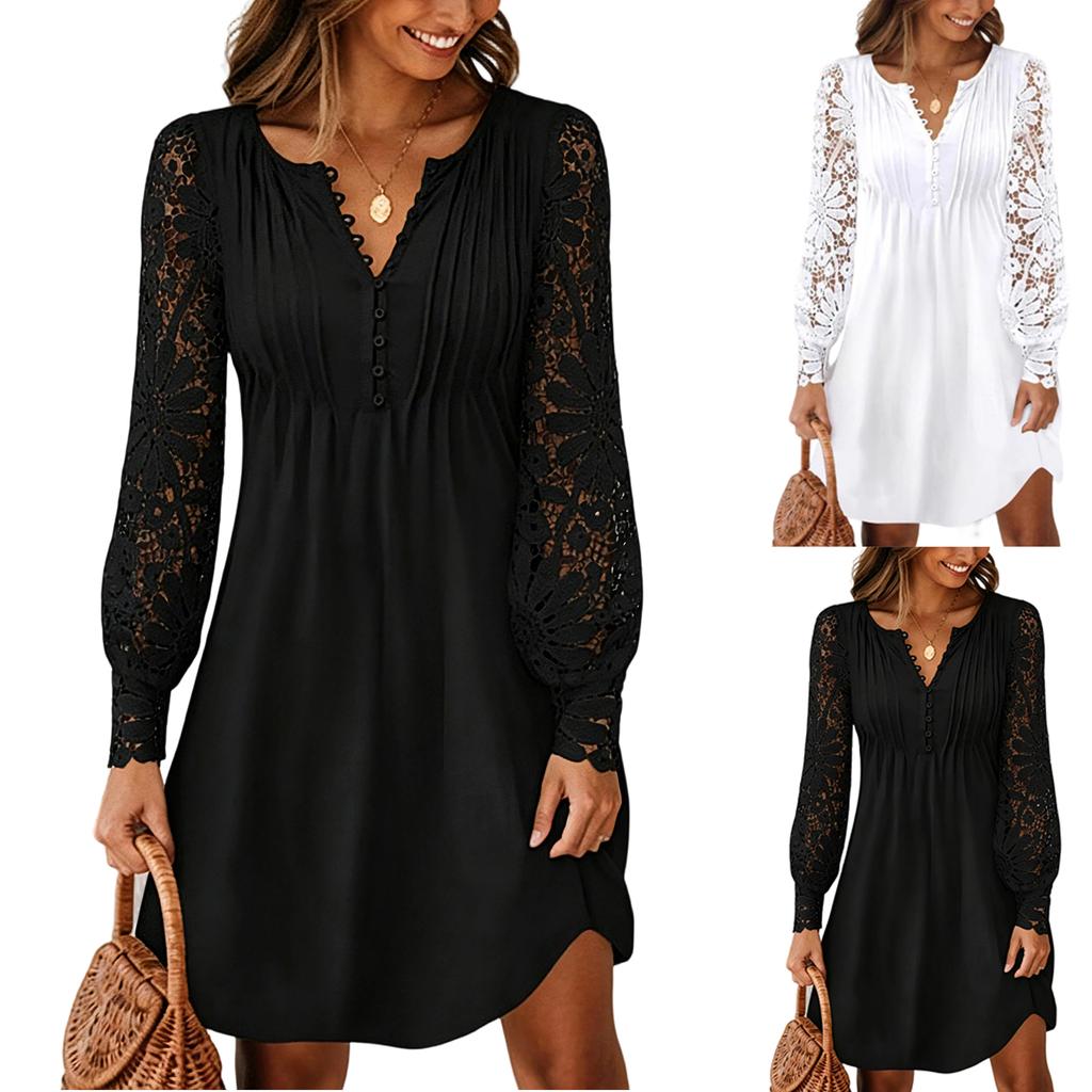 Women Lace Long Sleeve Dress Casual Loose Fit Knee Length Button Front V Neck Tunic Dress with Sheer Floral Sleeves