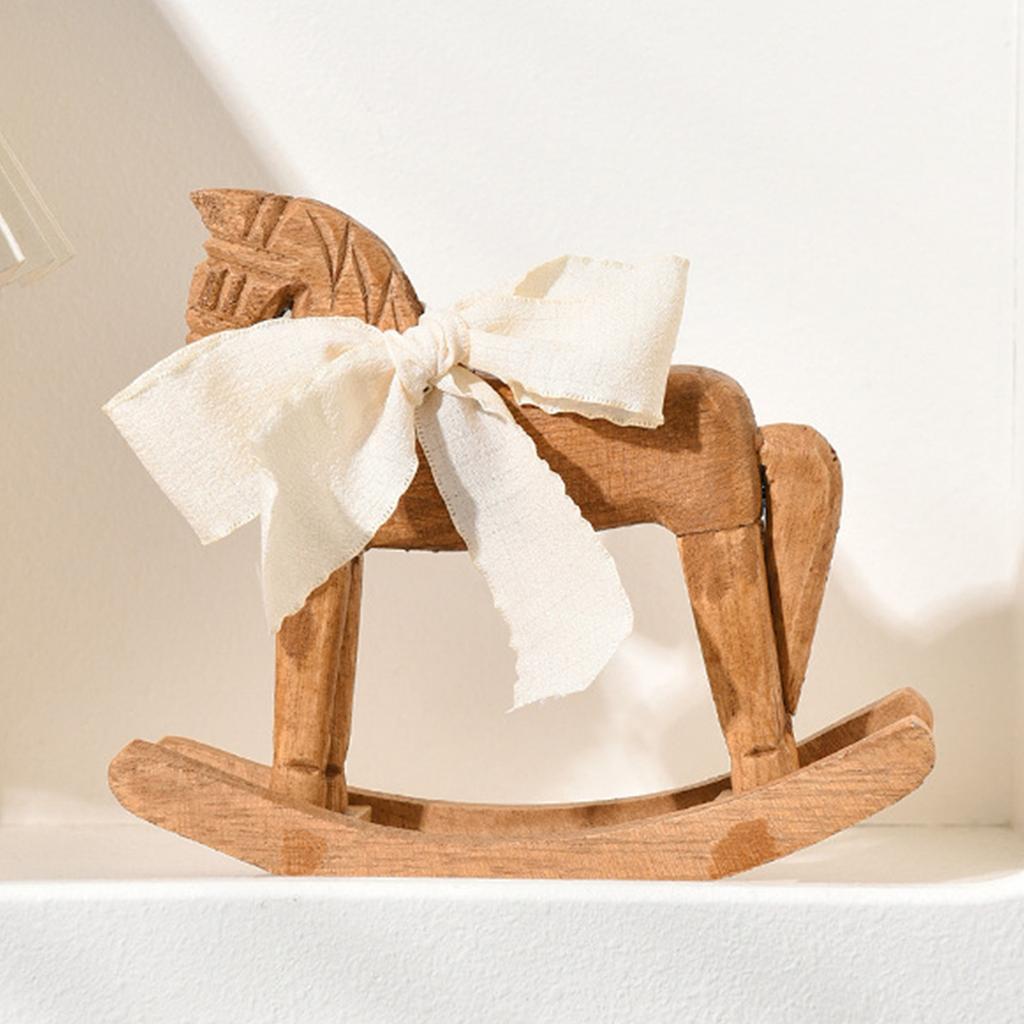 Elegant Wooden Rocking Horse Figurine Ornament with White Ribbon Farmhouses Desktop for Living Room or Nursery Decors