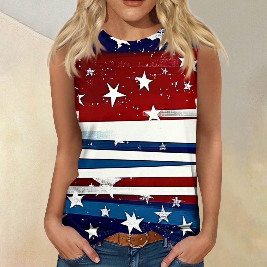 Women's Fashion Casual T-Shirt Round Neck Sleeveless Independence Day Printed Vest Top