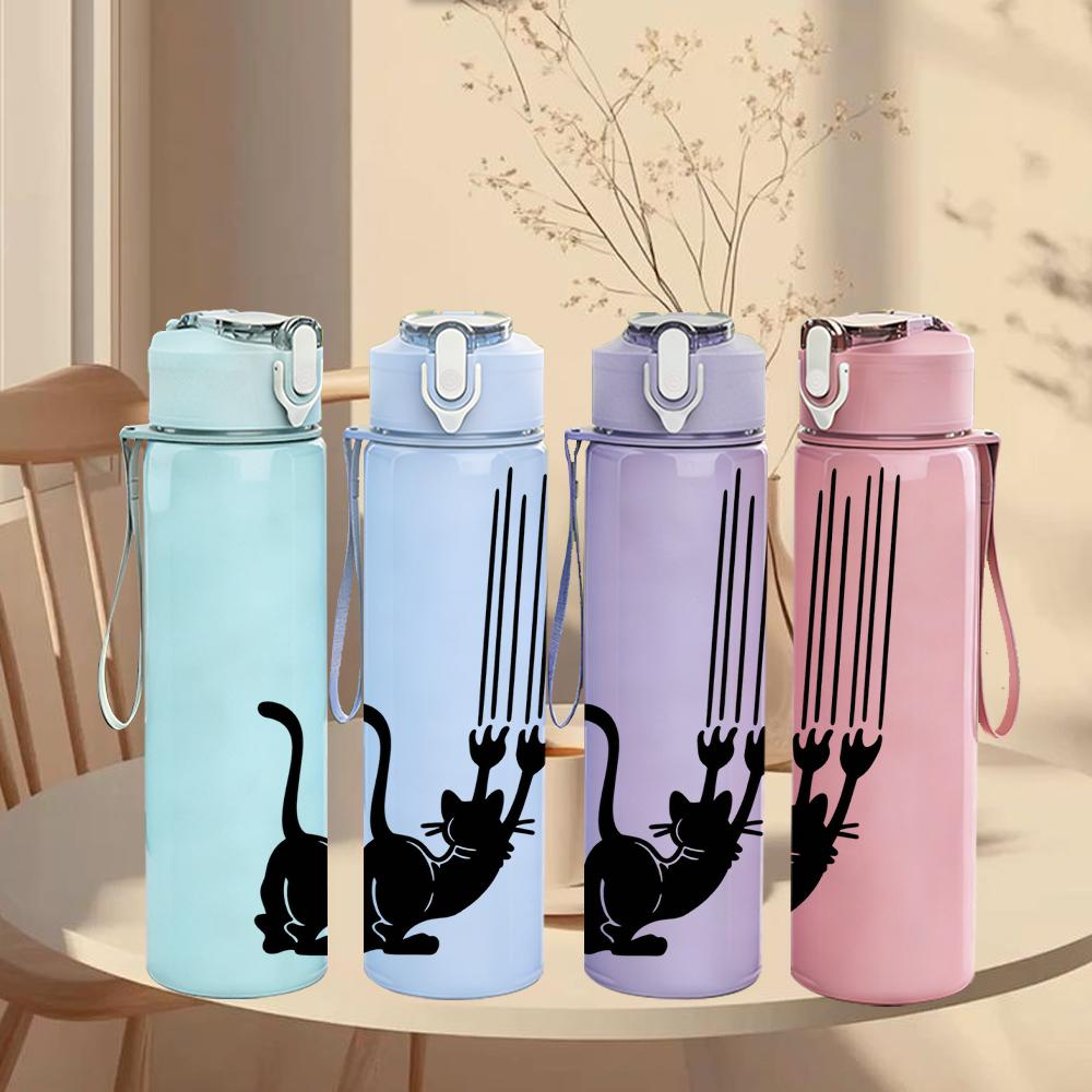 1PC Black Cat Curved Tail Silhouette 750ml Color Plastic Sports Water Bottle Leakproof Flip Straw Lid Suitable for Sports Office Home Use