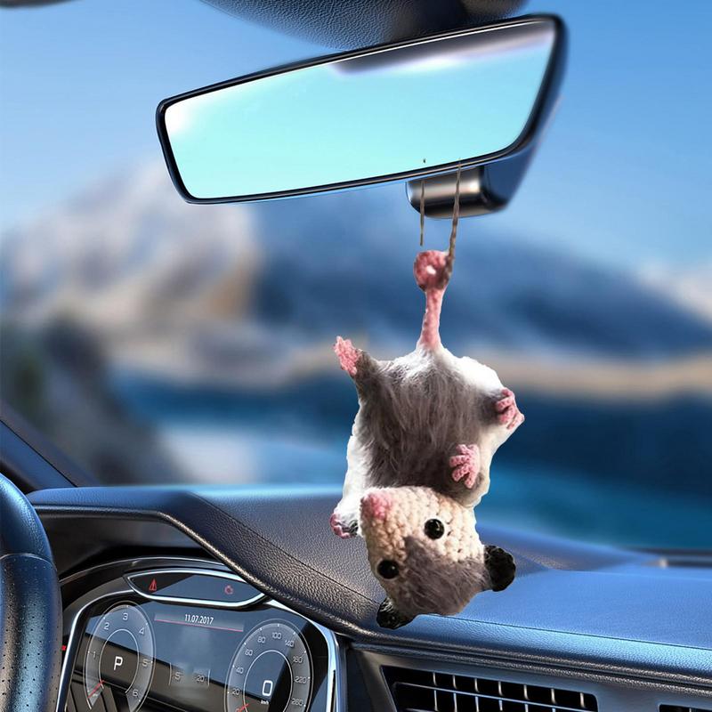 Possums Car Charm Cute Opossum Charm Rearview Mirror Accessories Unique Handmade Knitted Car Accessory For Family Wall Decor