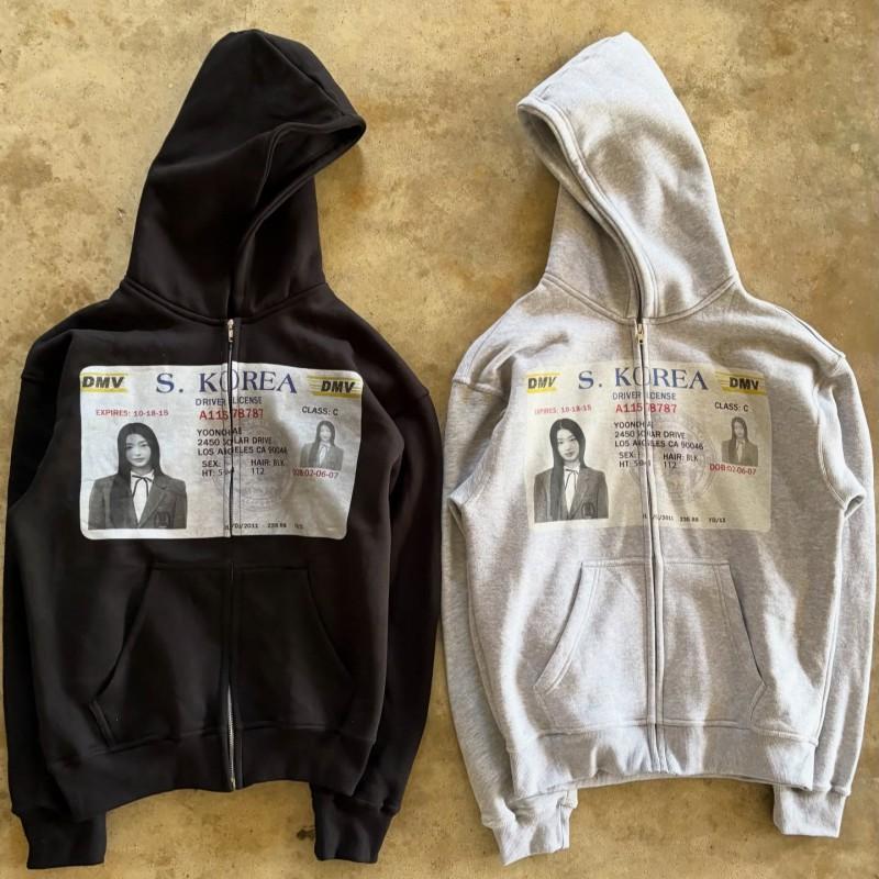 Unisex Streetwear Hooded Zip-Up Sweatshirt With Graphic Print Loose Fit Hip Hop Style
