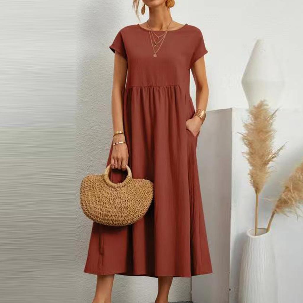 Abito da donna colorato a maniche corte, ampio, in cotone e lino, con tasche