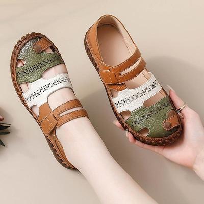Gladiator Summer Sandals Women's Big Woman Real Leather Sandals Ladies Patchwork Strap Non-slip Flats