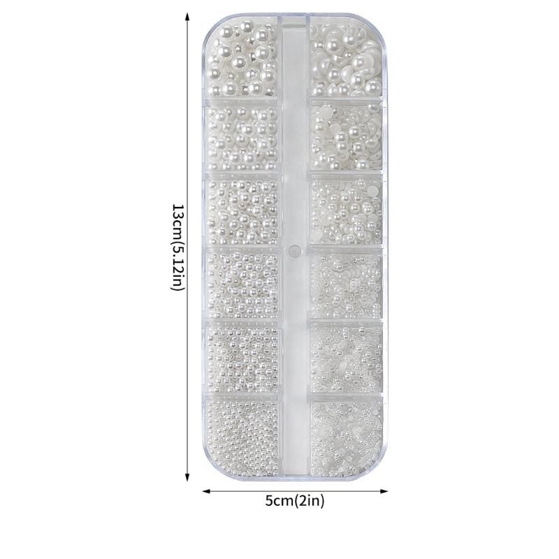 12 Fächer Halbrunde Perlen Perlen 3D Nagelanhänger 1,5/2/2,5/3/4/5 mm Weiße Flachrückige Perlen Nagel Schmuck Nagel Handwerk Perlen Strassstein