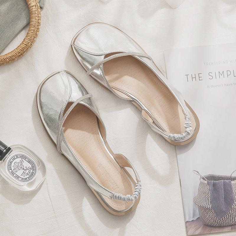 Sheepskin version, flat shoes with skirts, silver bag head sandals for women's summer wear, new women's single shoes.