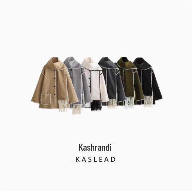 

2024 Autumn Women s European-American Scarf-Embellished Wool Knit Cardigan Small