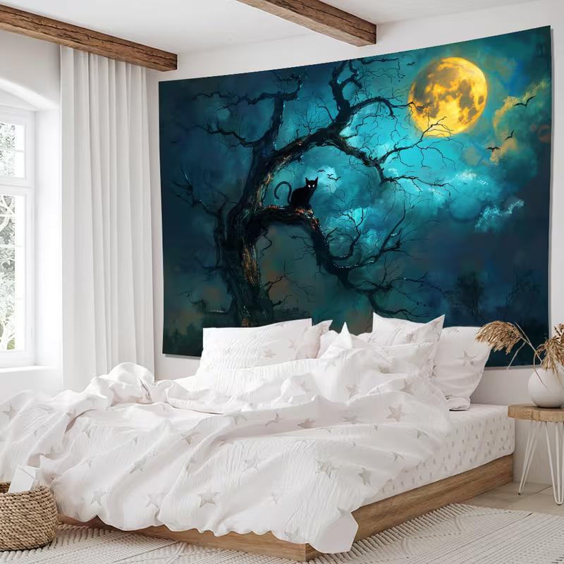 2D Spooky Halloween Black Cat Moon Tapestry Dark Night Forest Wall Decor Cloth for Home & Bedroom