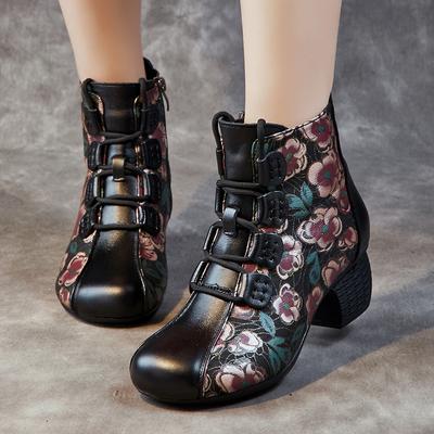 Damenschuhe im ethnischen Stil, Winter, neue kurze Stiefel, dicker Absatz, weiche Unterseite, gepolsterte warme Baumwollschuhe, Stiefel mittleren Alters