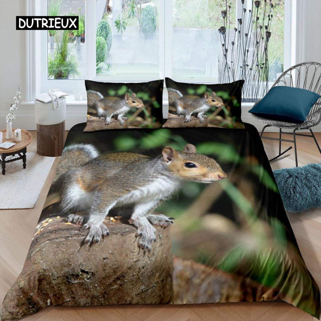Squirrel Duvet Cover Set Cute Squirrel Twin Bedding Set 3D Animal Comforter Cover Nature Theme King Size Polyester Quilt Cover