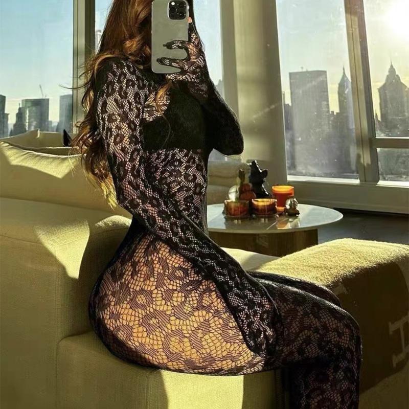 Women Leopard Fishnet Bodystocking Long Sleeve Bodysuit Sexy Hollow Out Mesh Tights Nightwear Erotic Lingerie Jumpsuit