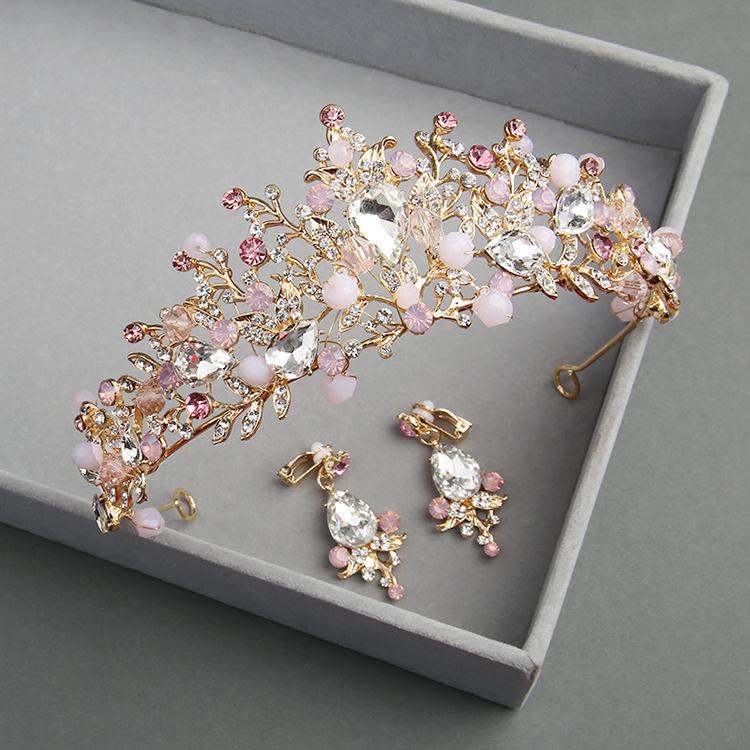 Bridal Tiara Gold Crown Wedding Dress Accessories Earrings Hair Accessories Set Pink Crystal Crown