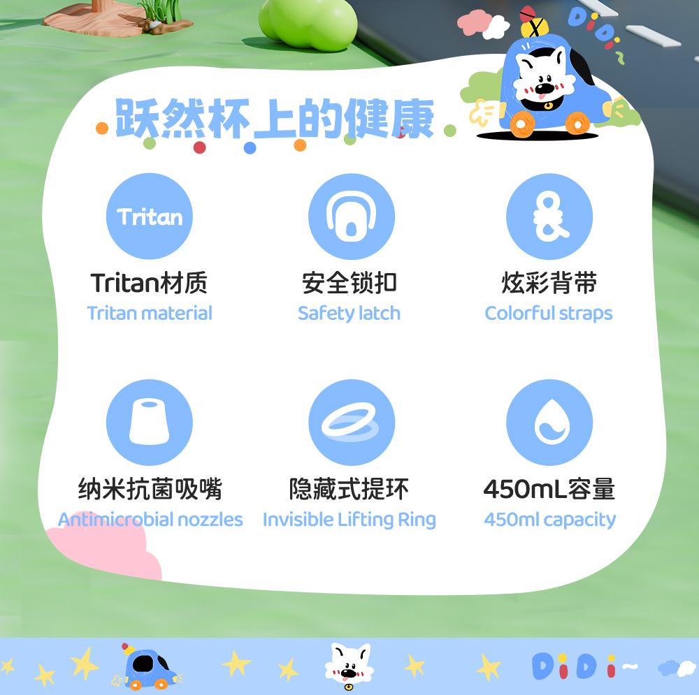 Fuguang Children's Summer Water Cup with Elastic Lid Straw Cup Tritan Anti Drop Student Portable Handle Strap Drinking Water